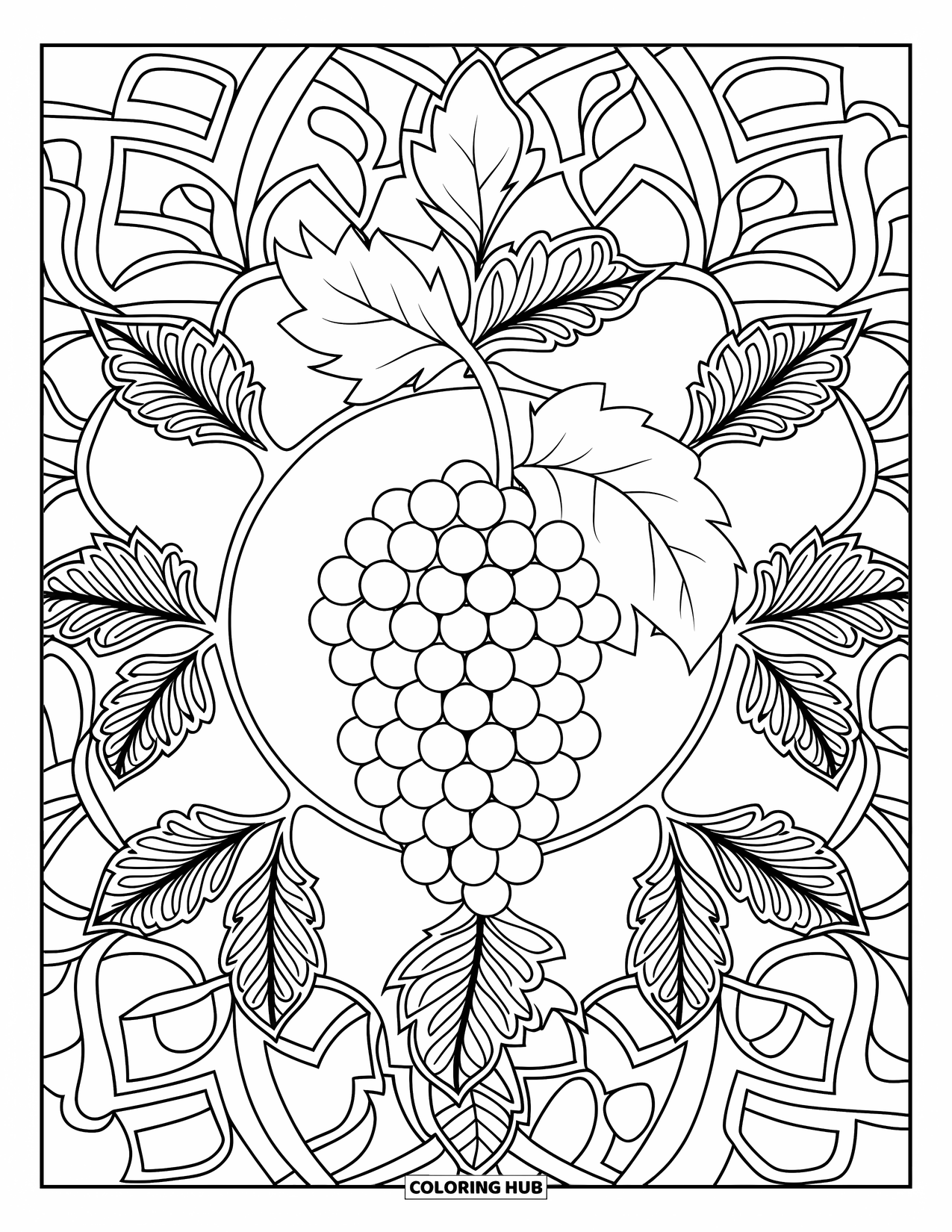 Nutrition Coloring Page for Adults: Grapes and patterned leaves create a peaceful, round mandala design