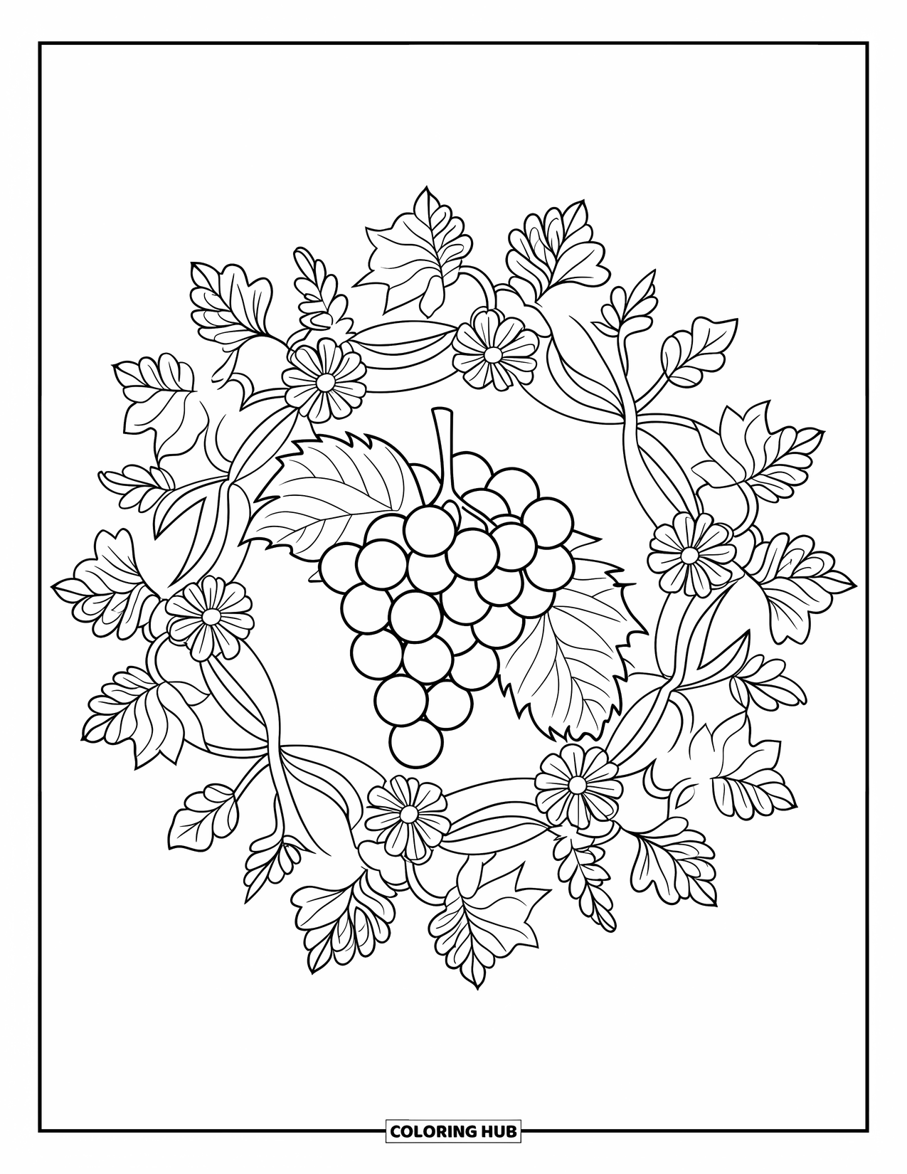 Nutrition Coloring Page for Adults: Grapes sit at the center of a mandala made of leaves and vines