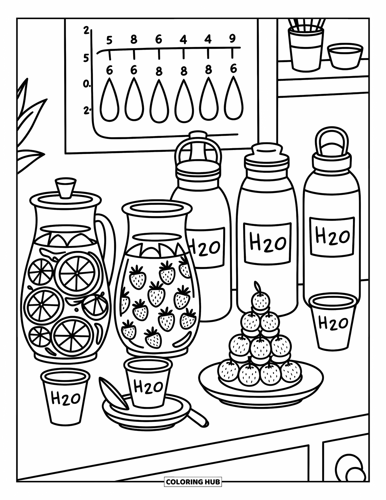 Nutrition Coloring Page for Adults: Pitchers of lemon and strawberry water sit beside playful cups and a hydration chart