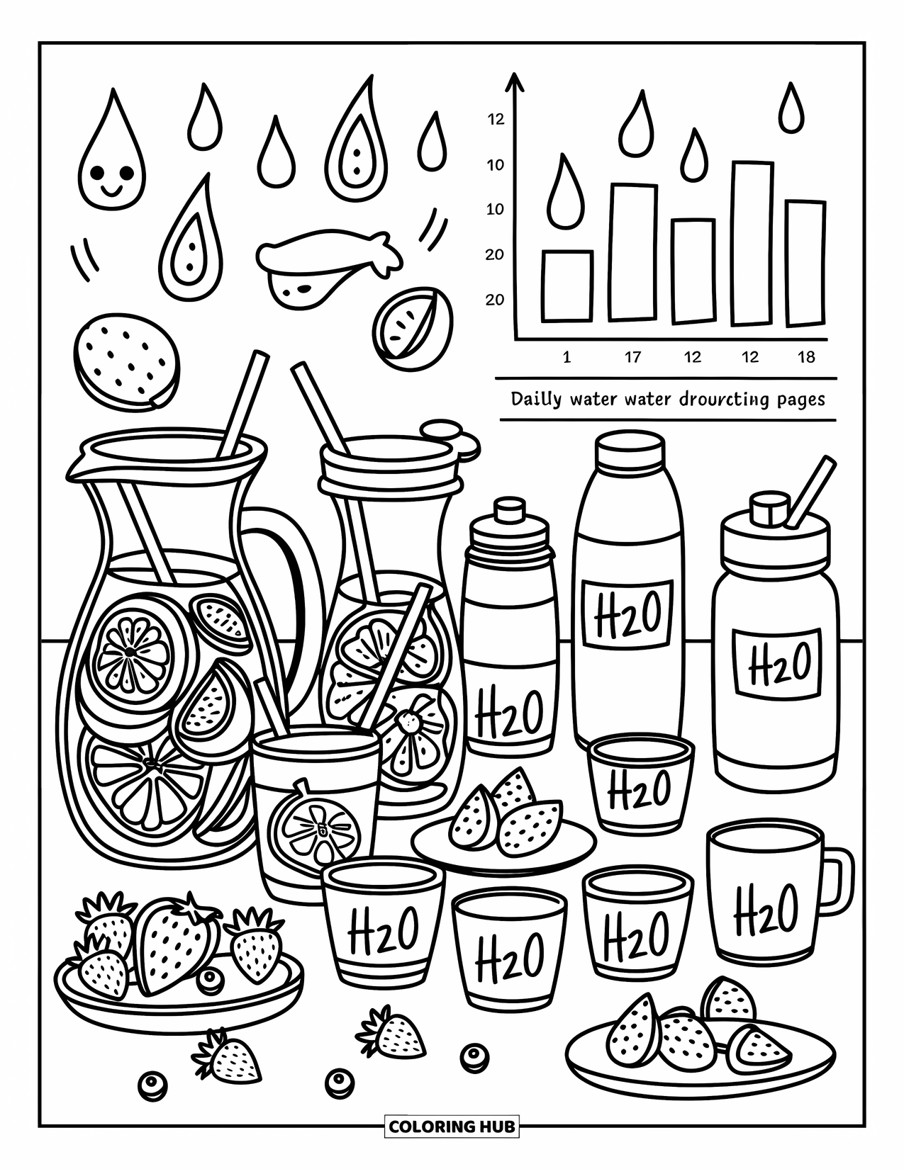 Nutrition Coloring Page for Adults: Refreshing fruit waters and tiny fruits create a cheerful hydration setup