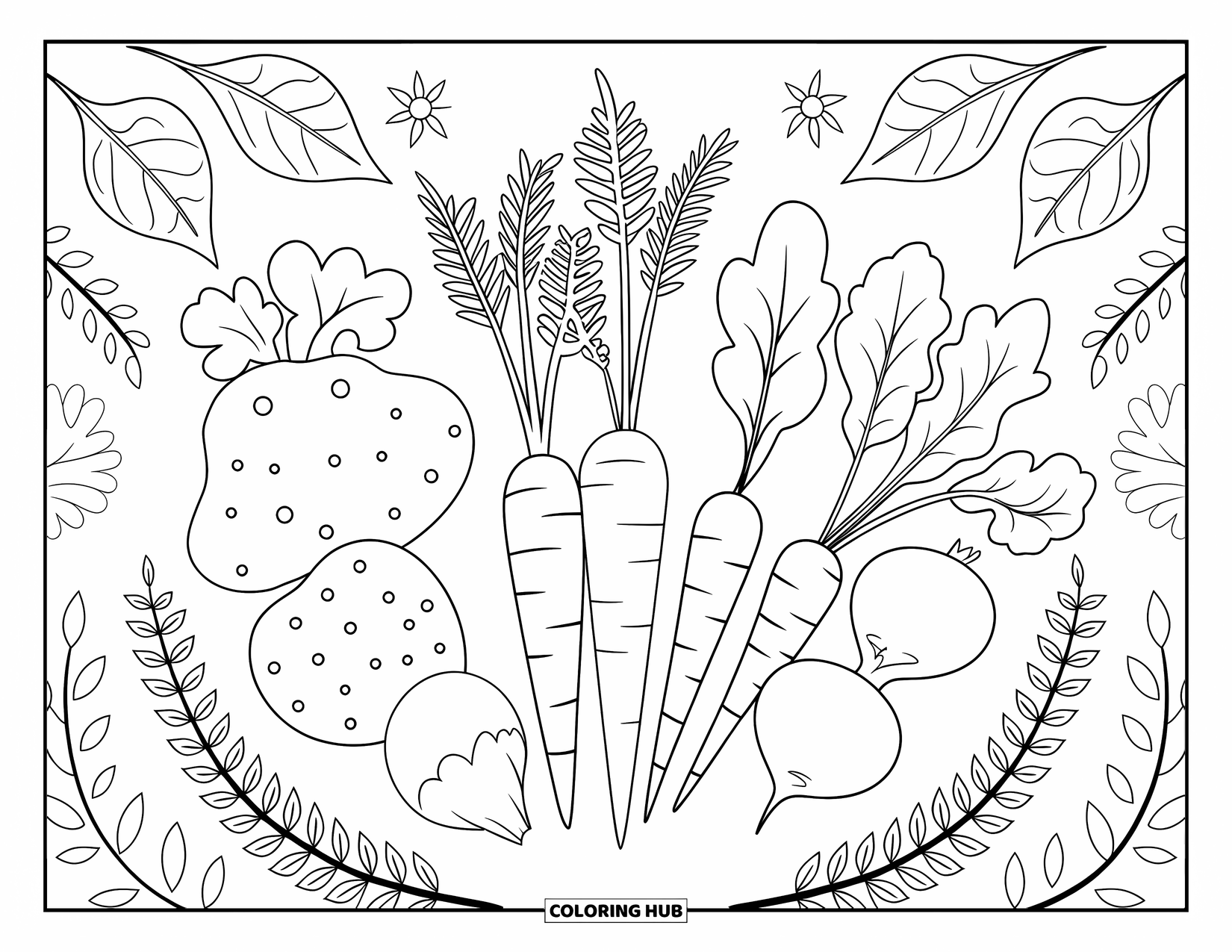 Nutrition Coloring Page for Adults: Root vegetables and ferns are arranged in a pretty circular pattern