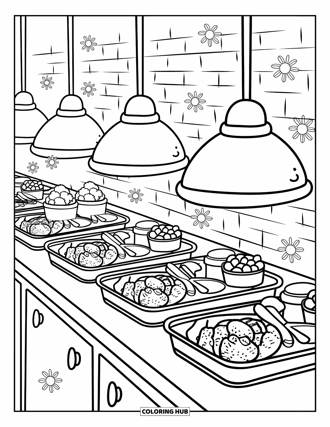 Nutrition Coloring Page for Adults: Trays glide through a friendly lunch line with broccoli, rice, and fruit cups