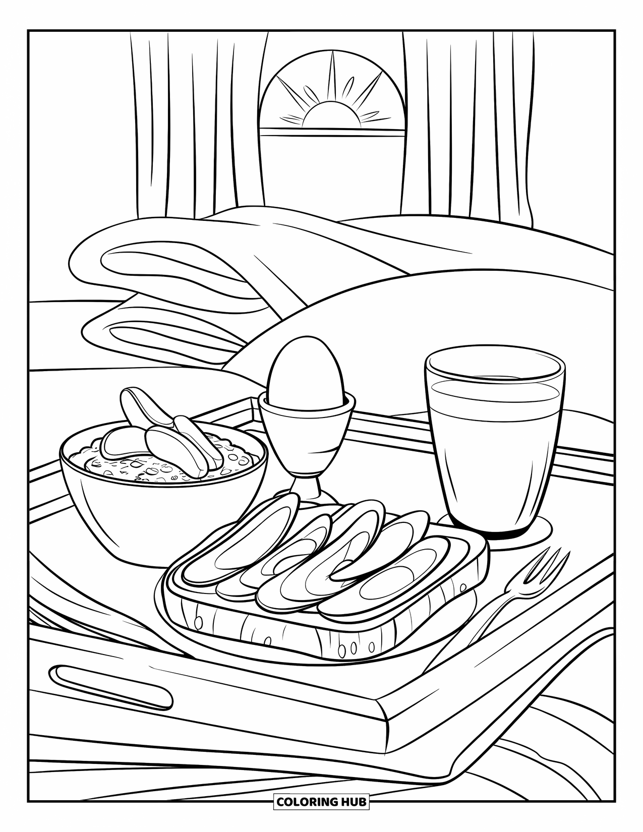 Nutrition Coloring Page for Kids: A bright breakfast tray sits on a bed with toast, oatmeal, and juice