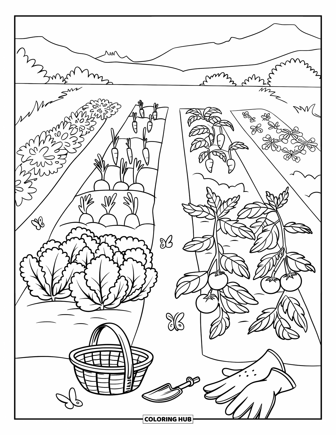 Nutrition Coloring Page for Kids: A cheerful veggie garden with baskets, gloves, and butterflies nearby