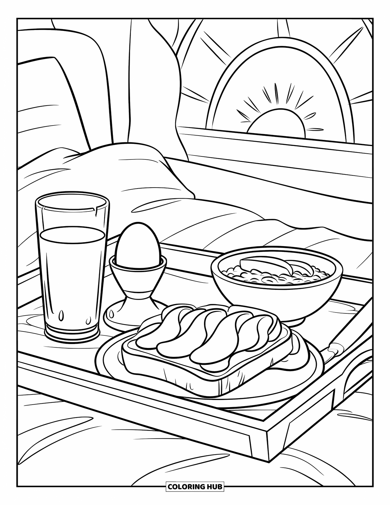 Nutrition Coloring Page for Kids: A cozy breakfast tray has toast, oatmeal, juice, and a soft sunny backdrop