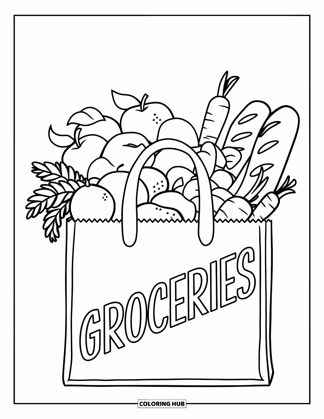 Nutrition Coloring Page for Kids: A full grocery bag holds apples, carrots, bread, and more