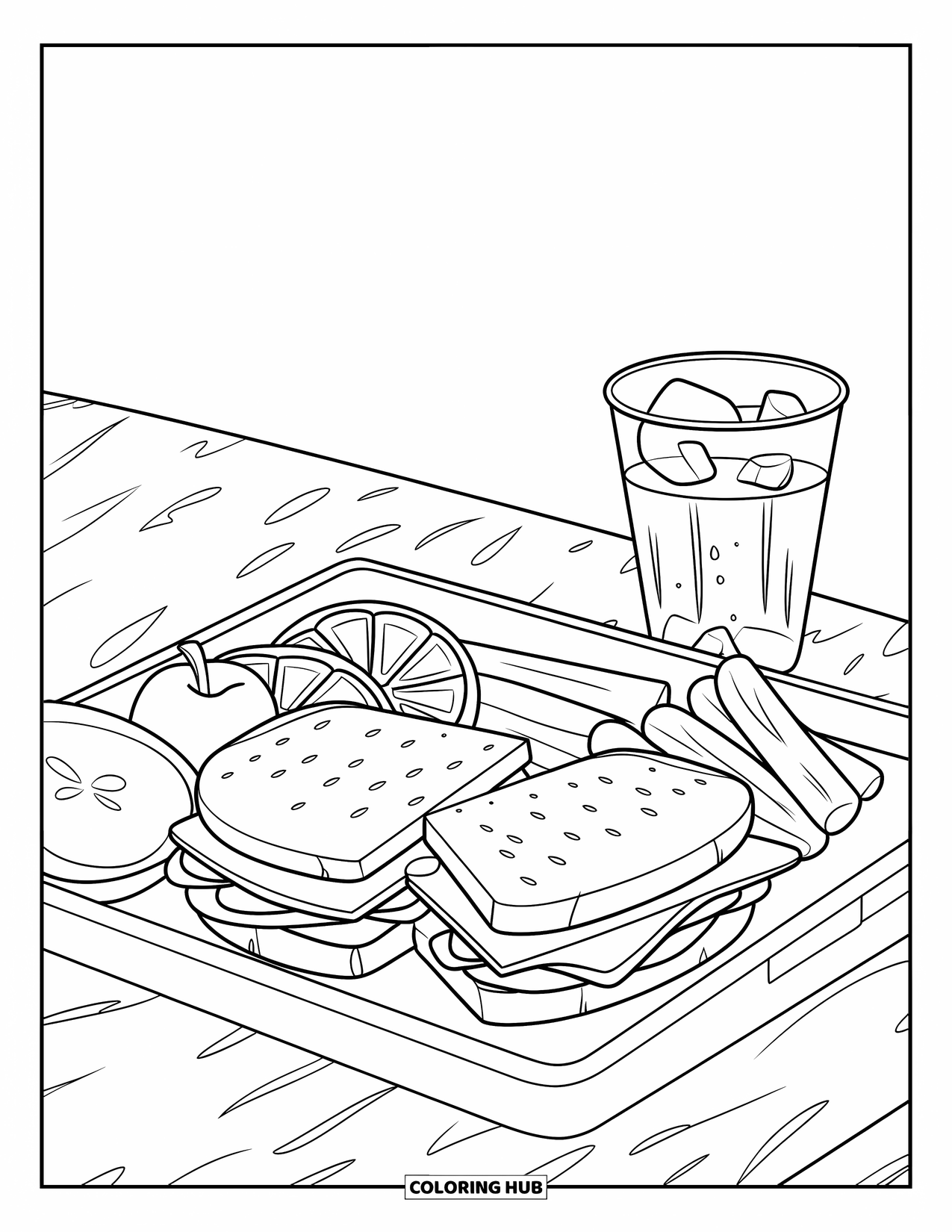 Nutrition Coloring Page for Kids: A fun lunch tray is ready with food and a cool drink