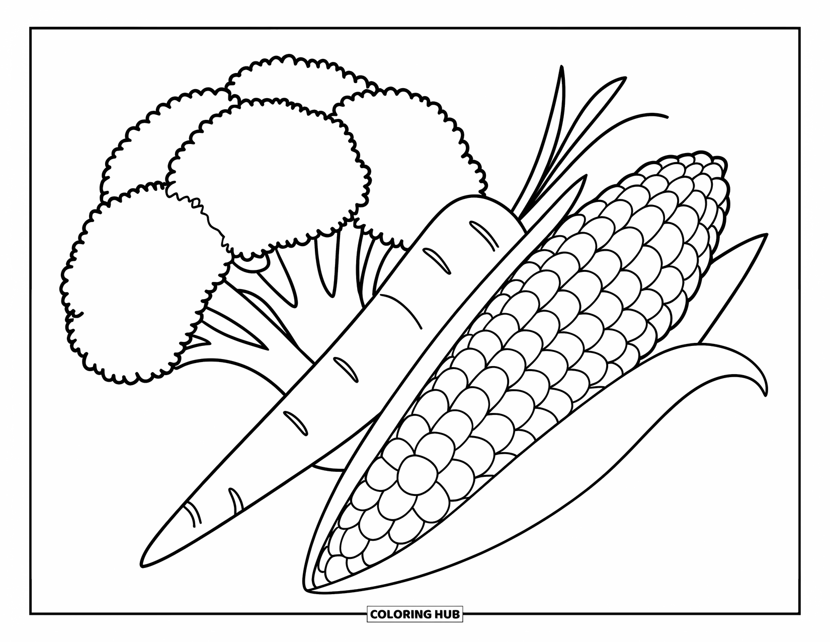 Nutrition Coloring Page for Kids: A fun veggie group with thick outlines is perfect for little artists