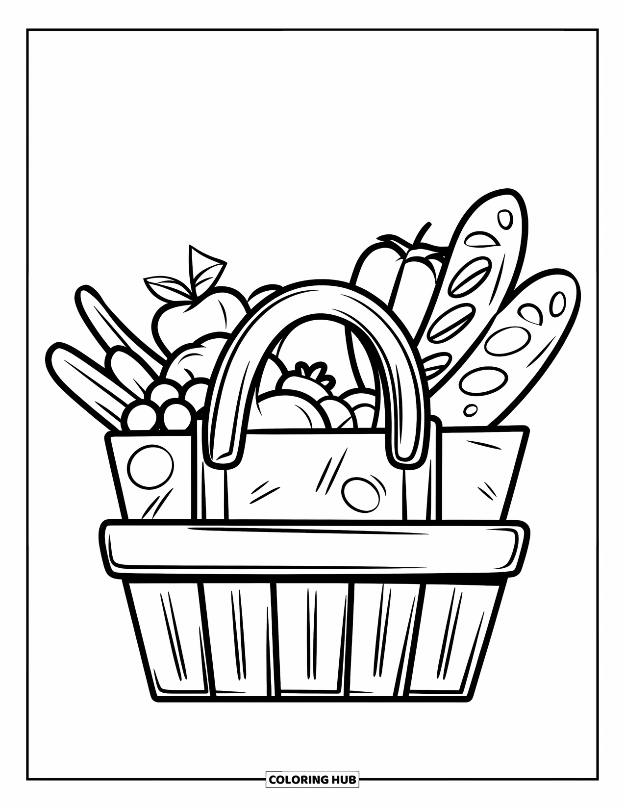 Nutrition Coloring Page for Kids: A grocery bag overflows with fresh fruits, veggies, and bread