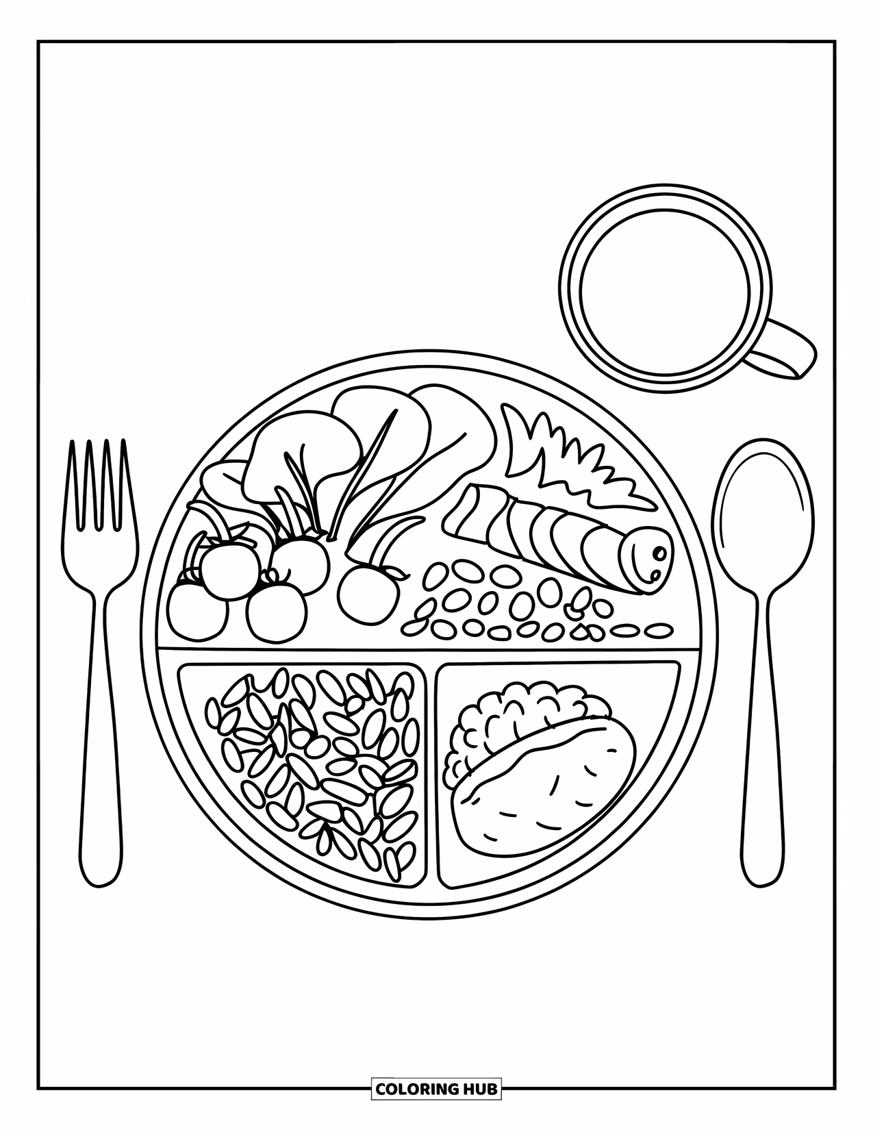 Nutrition Coloring Page for Kids: A healthy dinner plate shows a mix of greens, beans, and milk