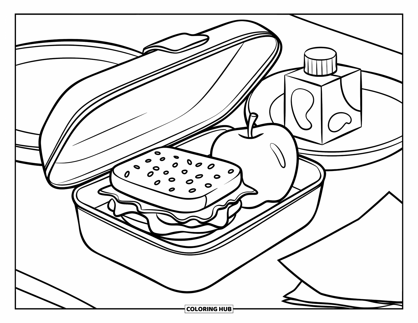Nutrition Coloring Page for Kids: A lunchbox holds a sandwich, an apple, and a juice box for school