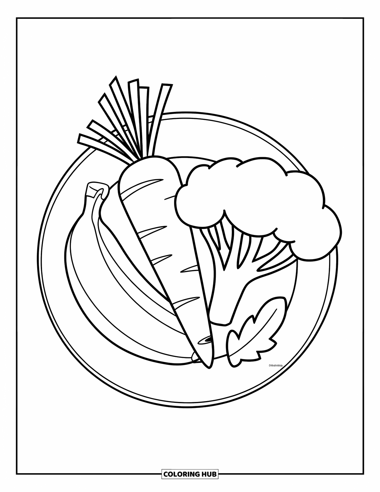 Nutrition Coloring Page for Kids: A plate holds a carrot, banana, and broccoli with fun, bold outlines