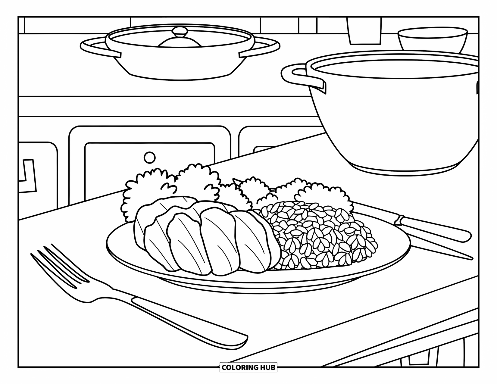 Nutrition Coloring Page for Kids: A plate of dinner with veggies and rice sits on a cozy kitchen table