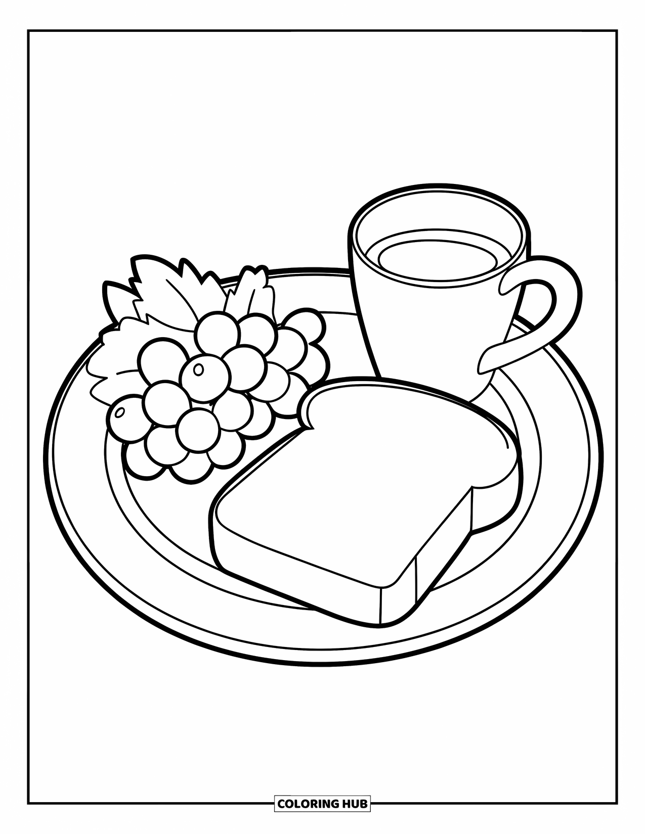 Nutrition Coloring Page for Kids: A plate with grapes and toast sits next to a cup of milk