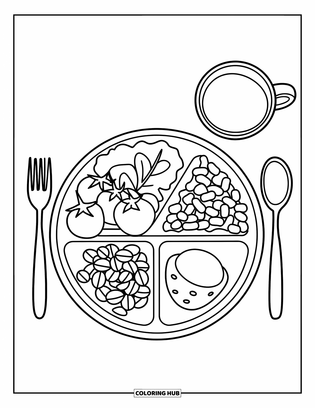 Nutrition Coloring Page for Kids: A round plate holds a colorful meal with sides and a drink