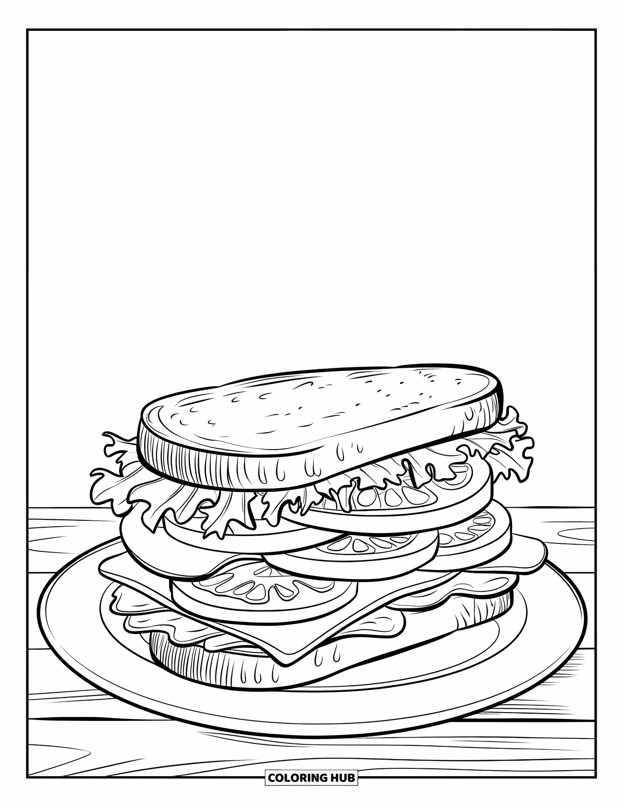 Nutrition Coloring Page for Kids: A sandwich is stacked neatly on a wooden table for lunchtime
