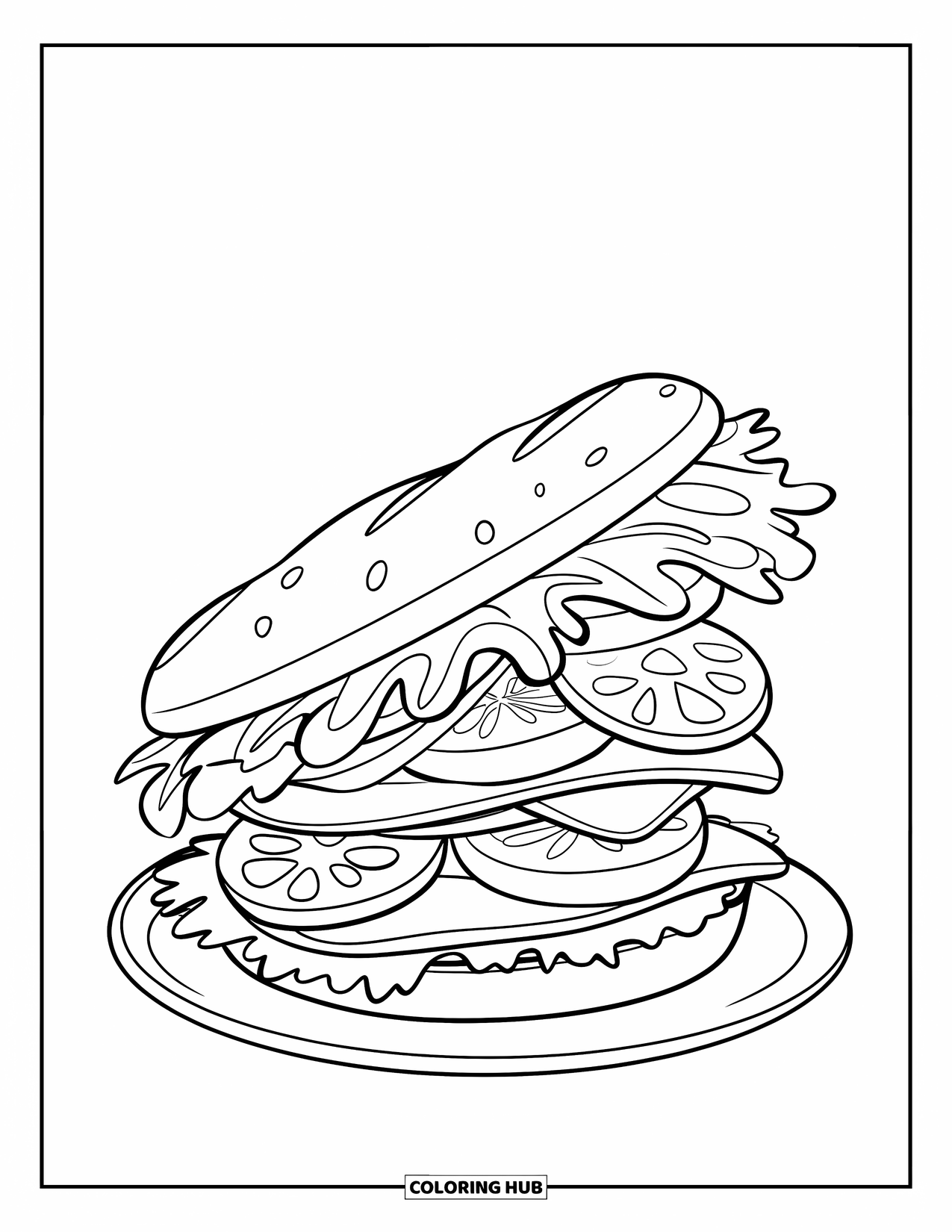 Nutrition Coloring Page for Kids: A sandwich is stacked with lettuce, tomato, and cheese on whole grain bread