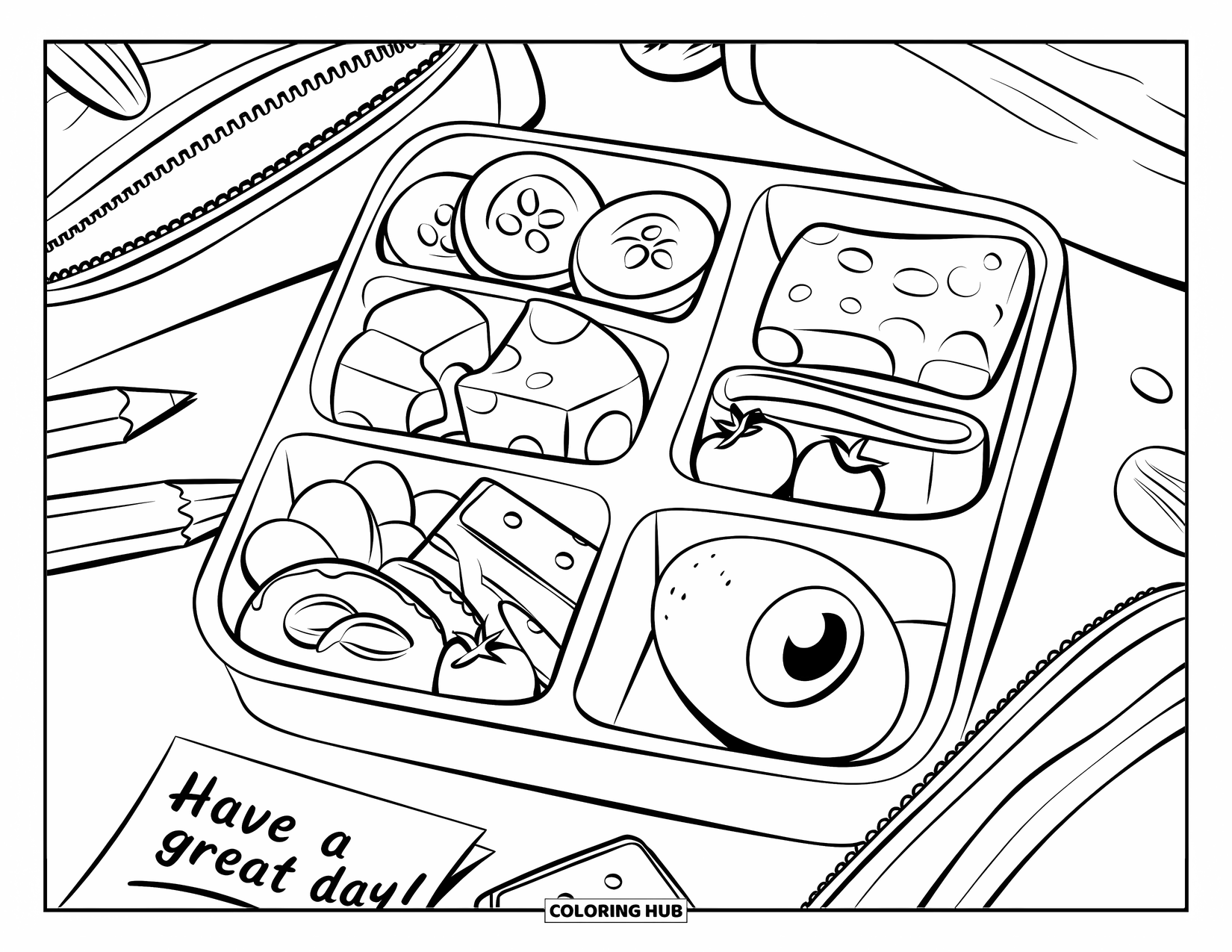 Nutrition Coloring Page for Kids: A school lunch tray full of healthy snacks and a folded note that says hello