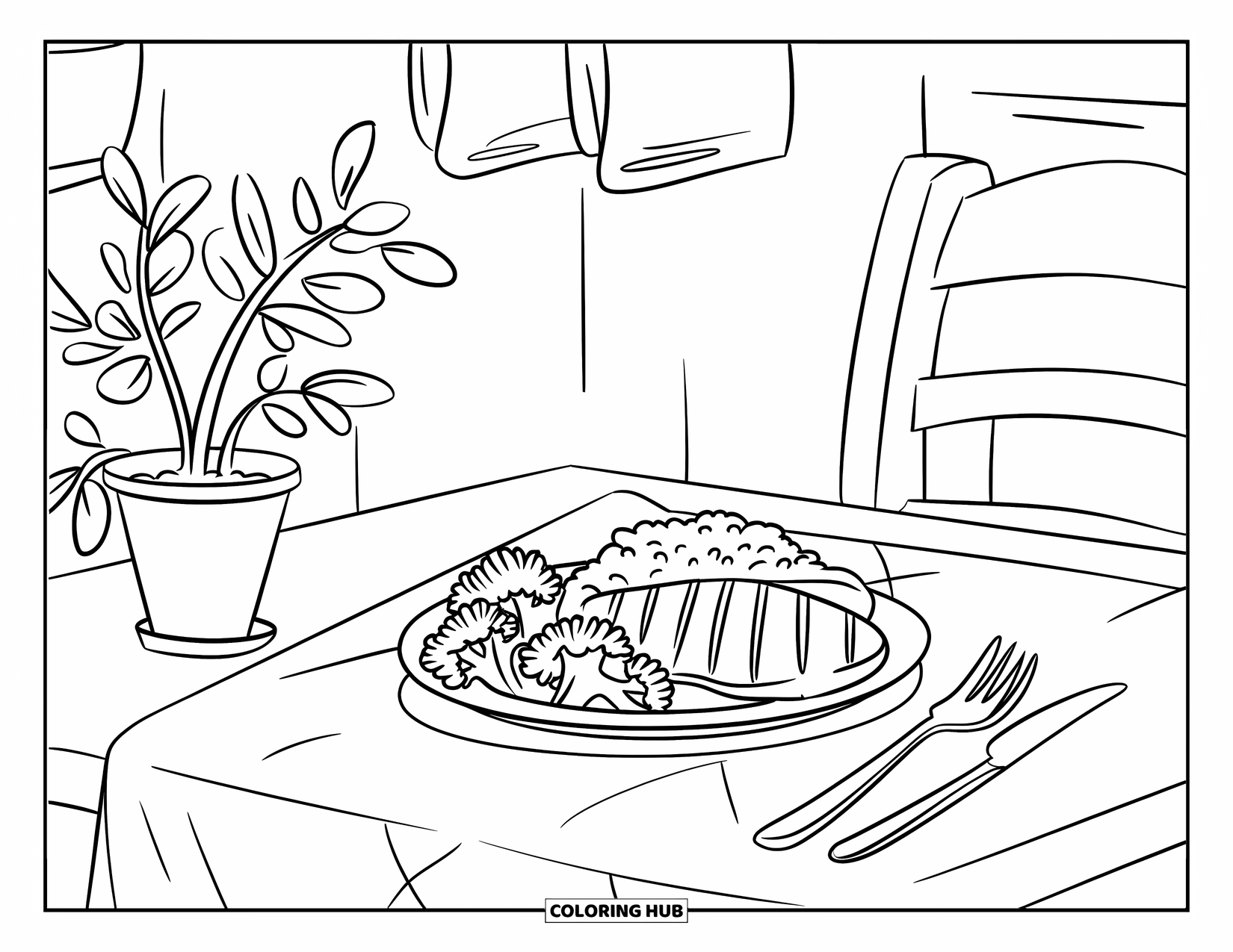 Nutrition Coloring Page for Kids: A warm kitchen scene with a plate of food and a checkered table