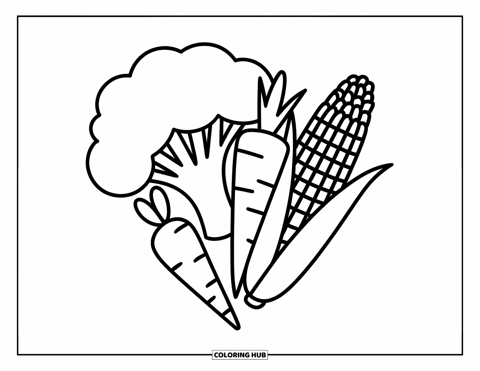 Nutrition Coloring Page for Kids: Broccoli, carrot, and corn smile brightly in a cheerful veggie group