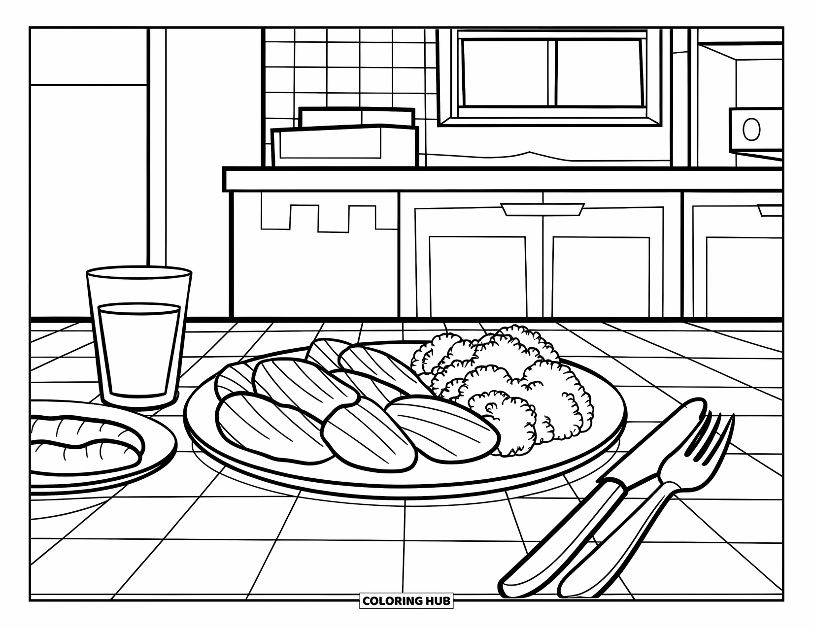 Nutrition Coloring Page for Kids: Dinner is served with chicken, rice, broccoli, and a glass of water