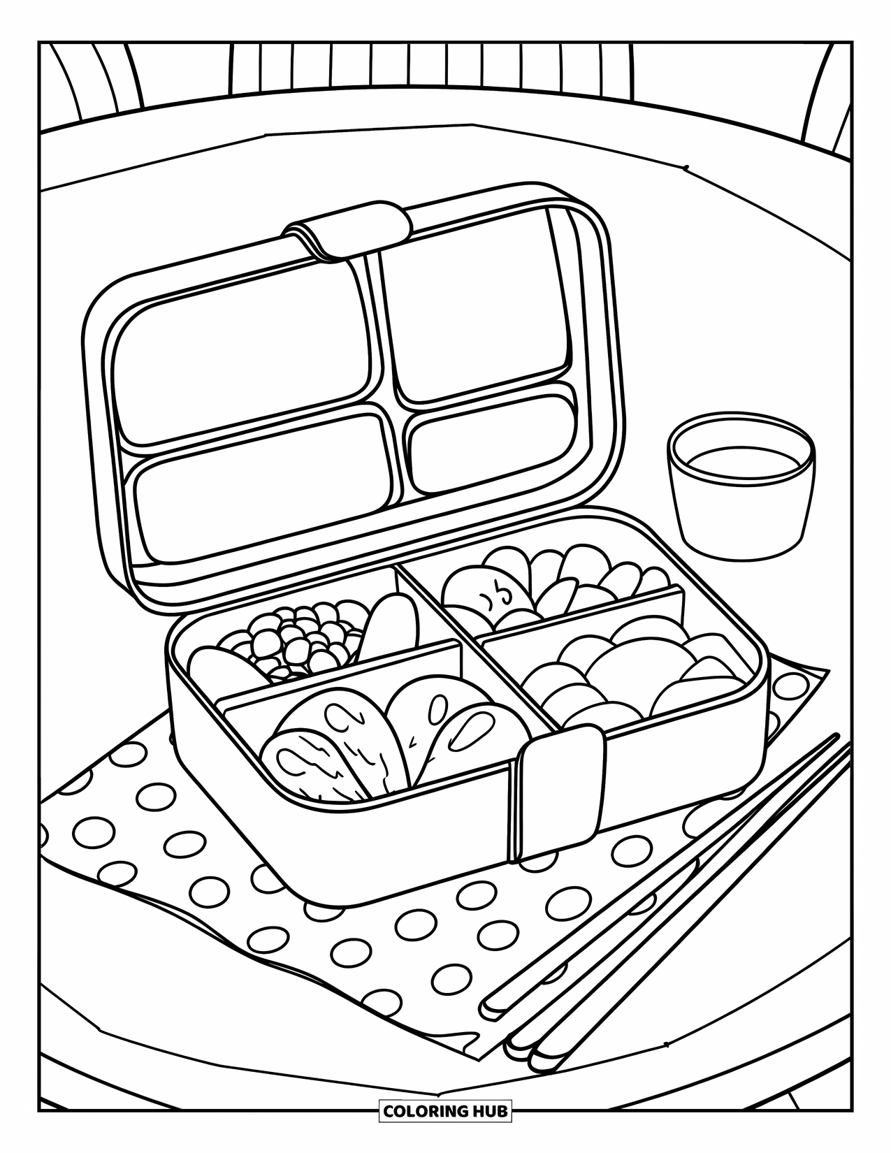 Nutrition Coloring Page for Kids: Lunch is packed with care in a fun bento box full of good food