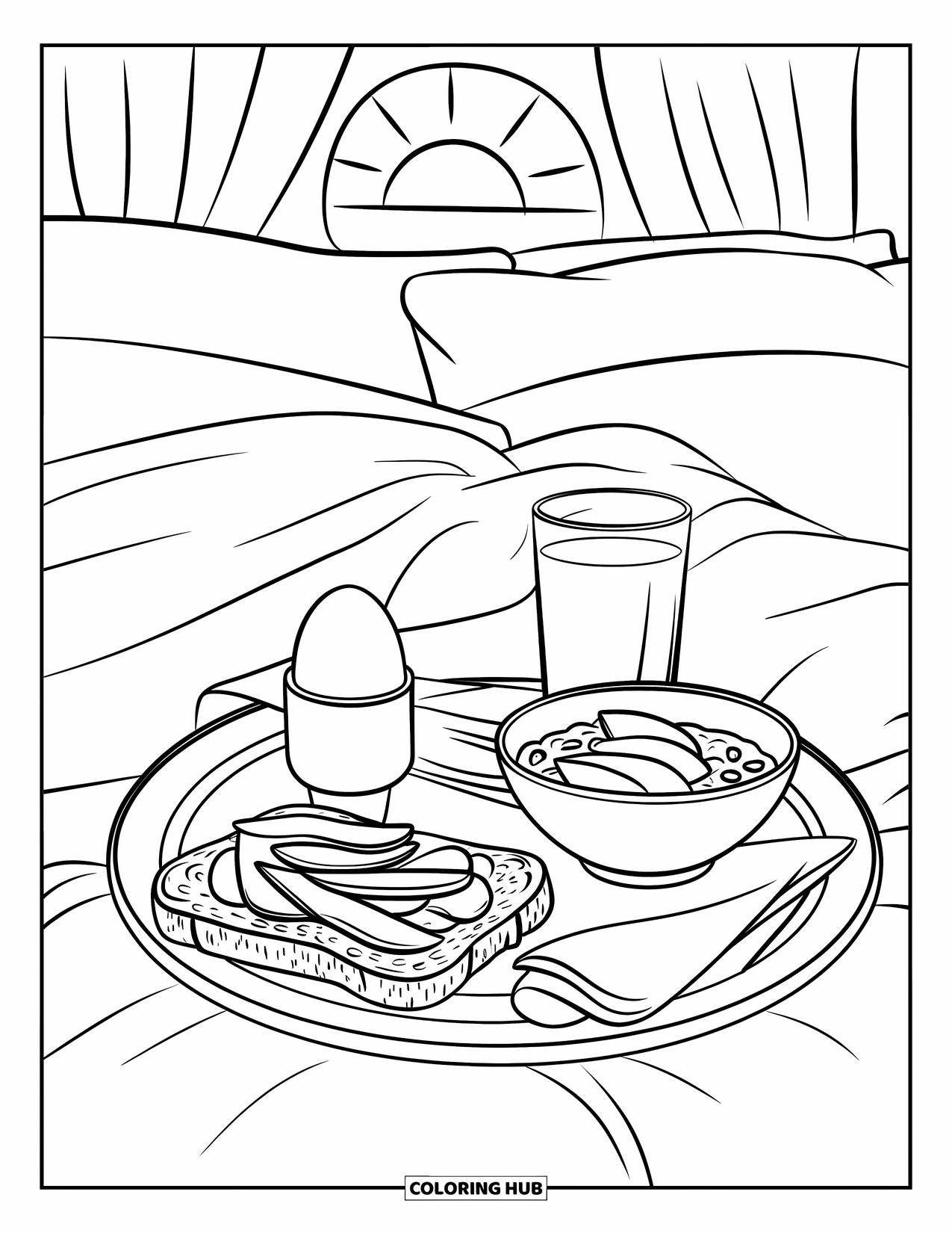 Nutrition Coloring Page for Kids: Morning sun shines on a tray of healthy breakfast in a comfy bed