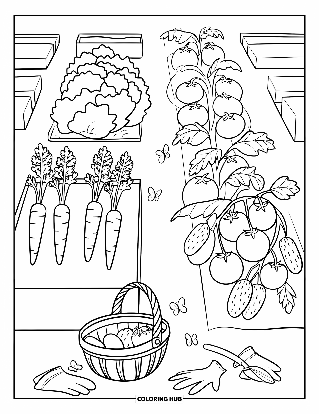 Nutrition Coloring Page for Kids: Rows of vegetables grow in the garden with a basket and tools close by