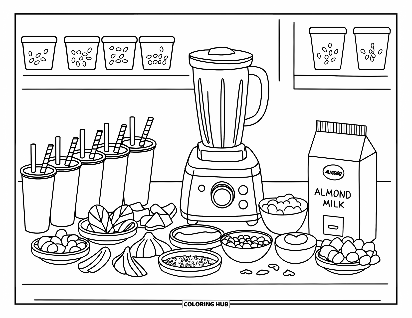 Nutrition Coloring Page for Kids: Smoothie ingredients line the counter near a blender and tall cups