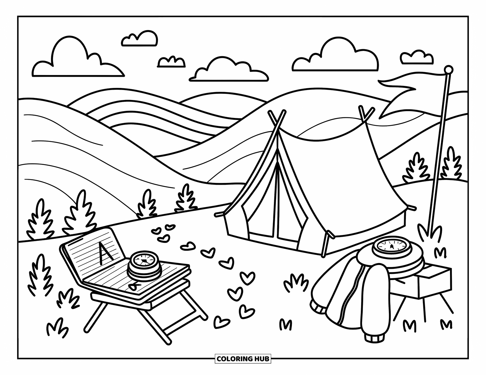 Outdoor Coloring Page for Adults: A cheerful flag waves by a tent nestled high in the hills