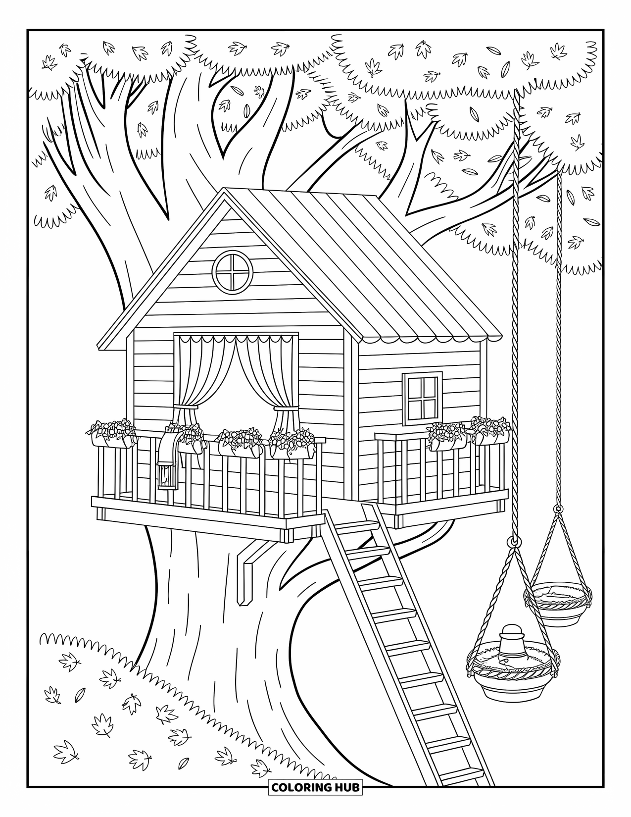 Outdoor Coloring Page for Adults: A cute treehouse peeks through leaves with flowers, a pulley bucket, and fluttering curtains