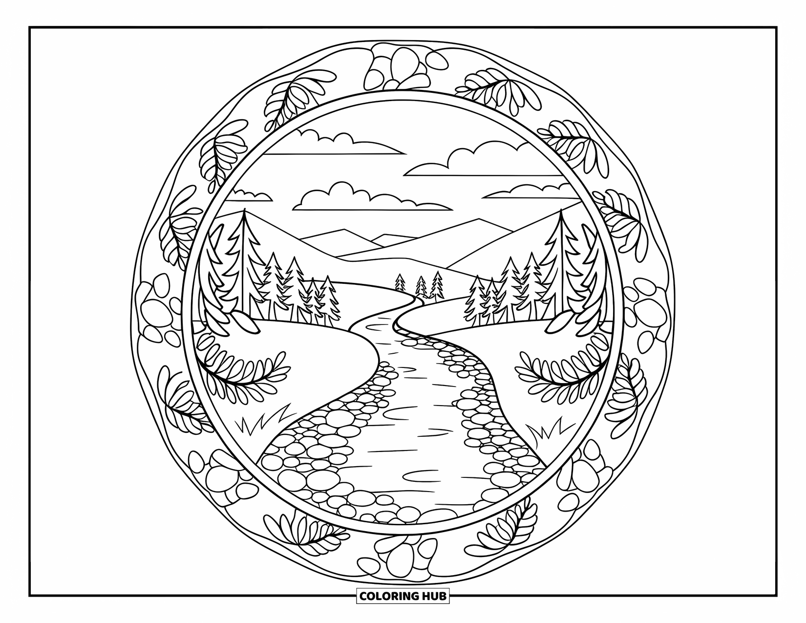 Outdoor Coloring Page for Adults: A flowing river scene wraps through greenery inside a pebbly fern mandala