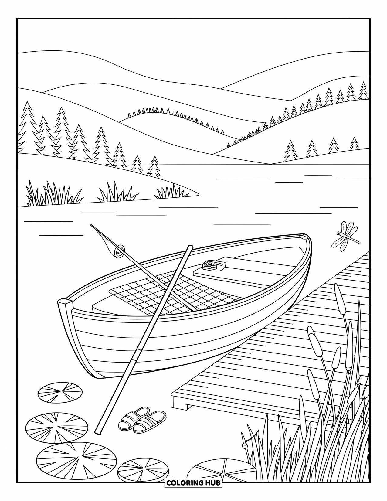 Outdoor Coloring Page for Adults: A gentle lake scene with frogs, dragonflies, and a boat tied to a wooden dock