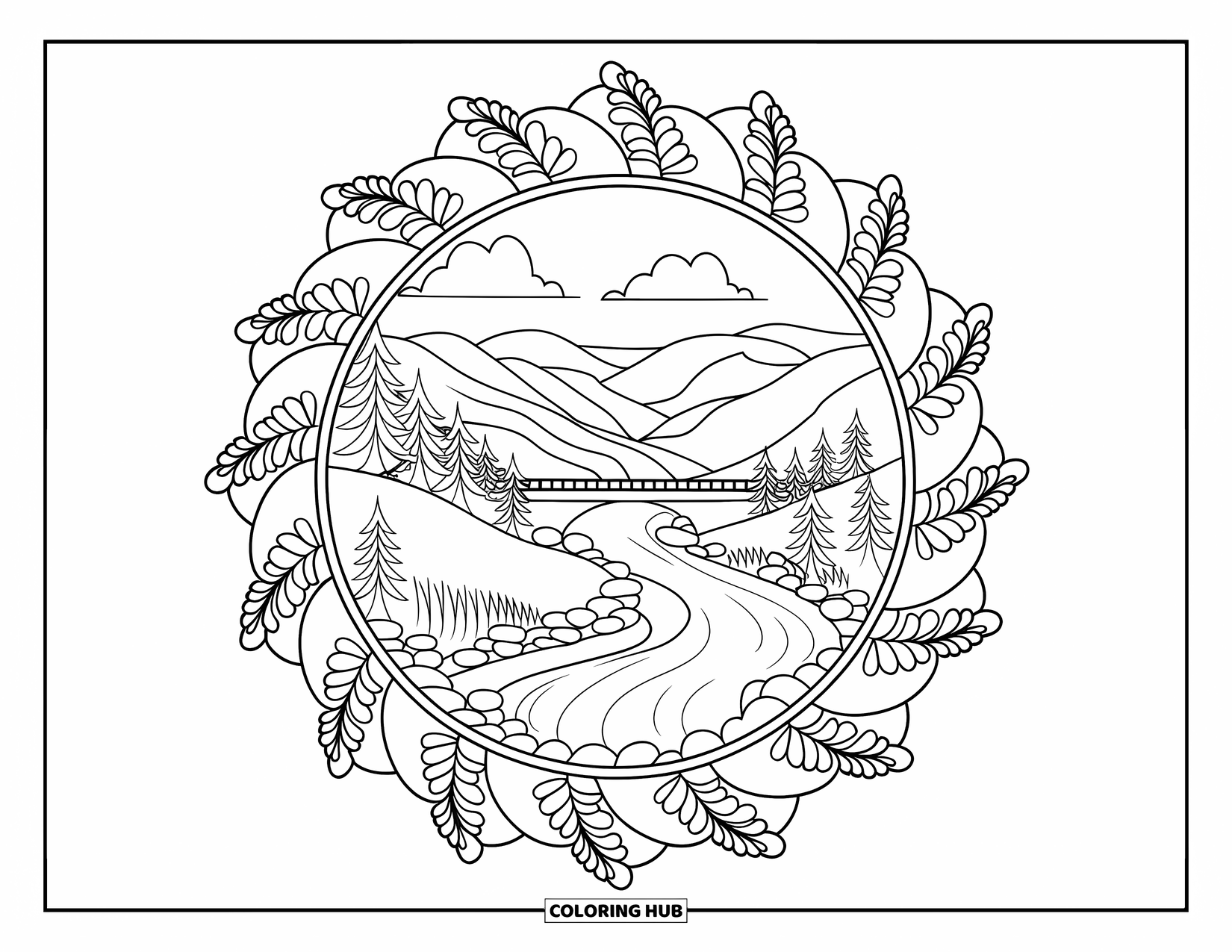 Outdoor Coloring Page for Adults: A gentle river winds past trees and a bridge within a mandala of ferns