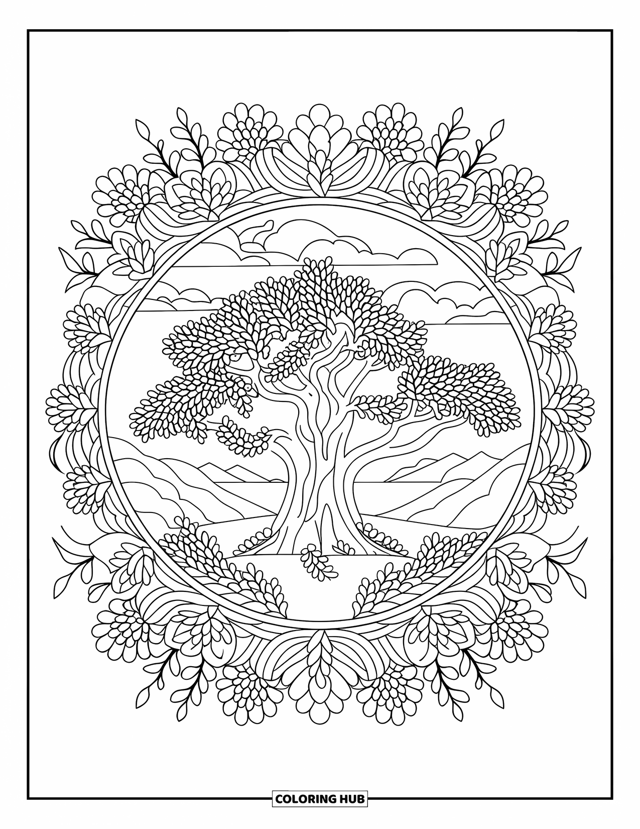 Outdoor Coloring Page for Adults: A large oak tree is encircled by vines and flowers in a mandala pattern