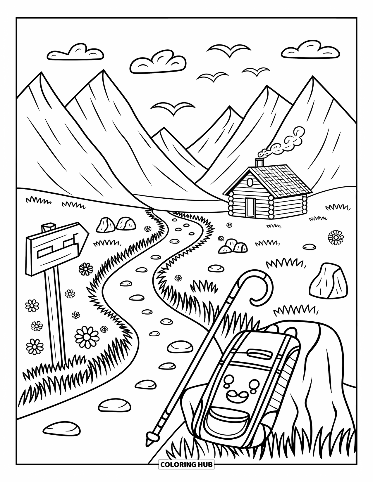 Outdoor Coloring Page for Adults: A mountain trail winds past flowers and rocks toward a cabin with chimney smoke