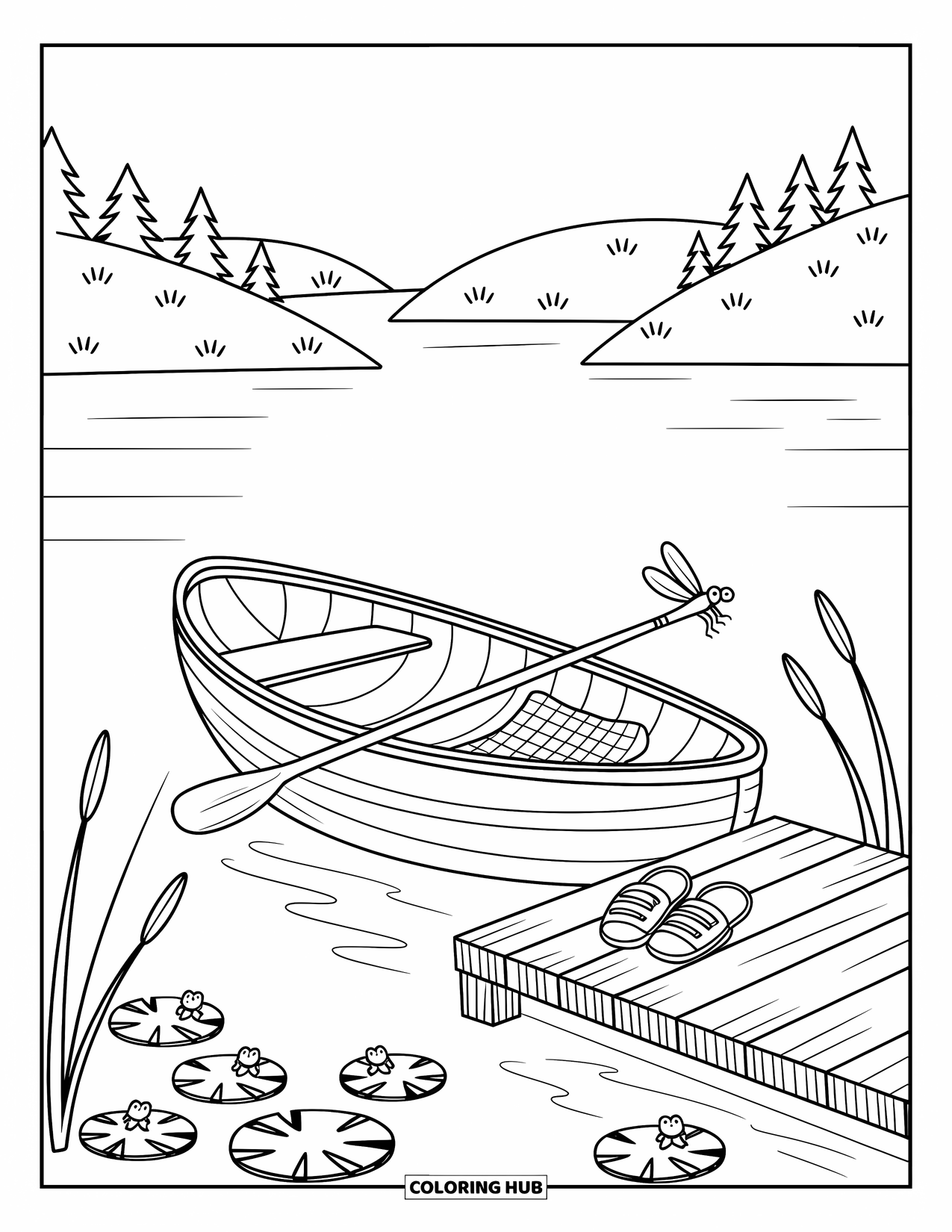 Outdoor Coloring Page for Adults: A peaceful boat by the lake holds a fishing rod and cozy picnic setup