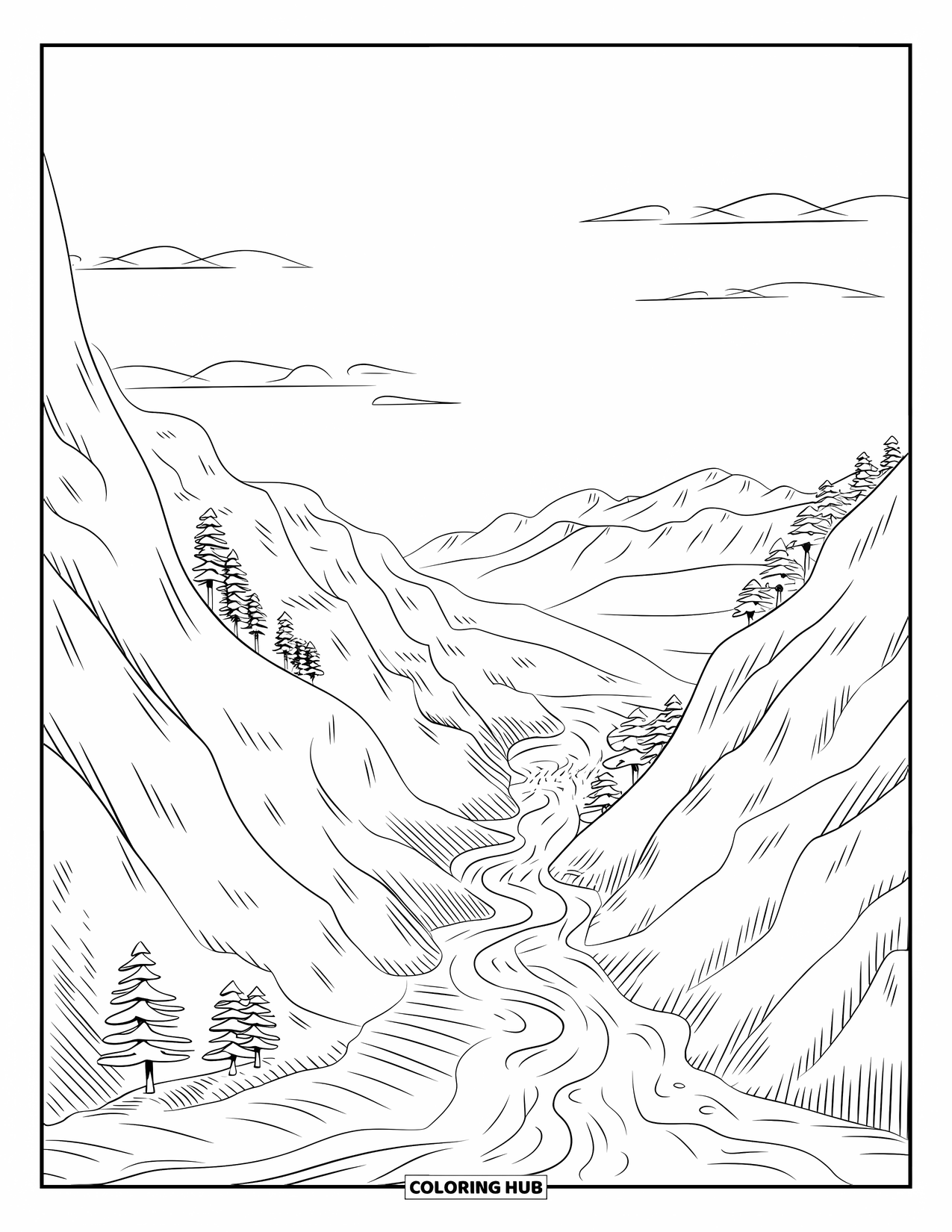 Outdoor Coloring Page for Adults: A peaceful river winds through a forested mountain valley