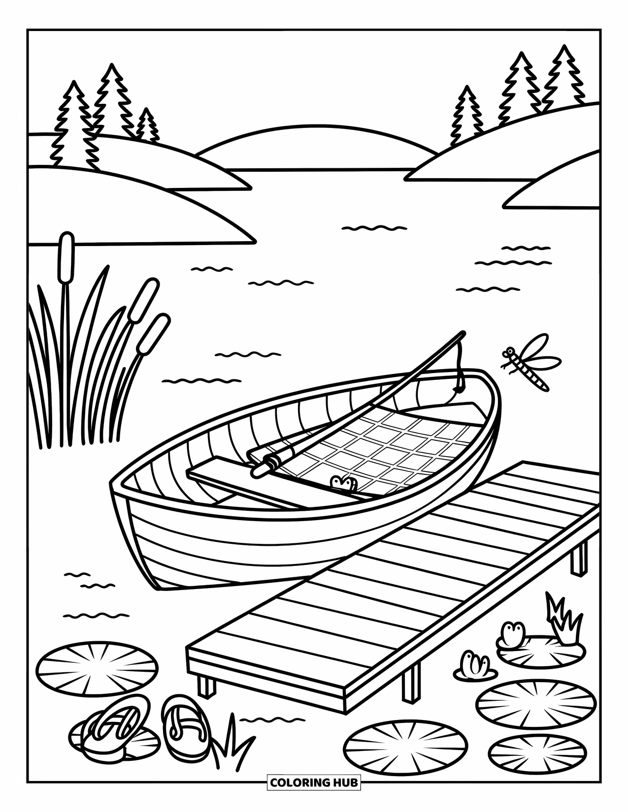 Outdoor Coloring Page for Adults: A rowboat floats by a dock with sandals, a picnic cloth, and lily pads