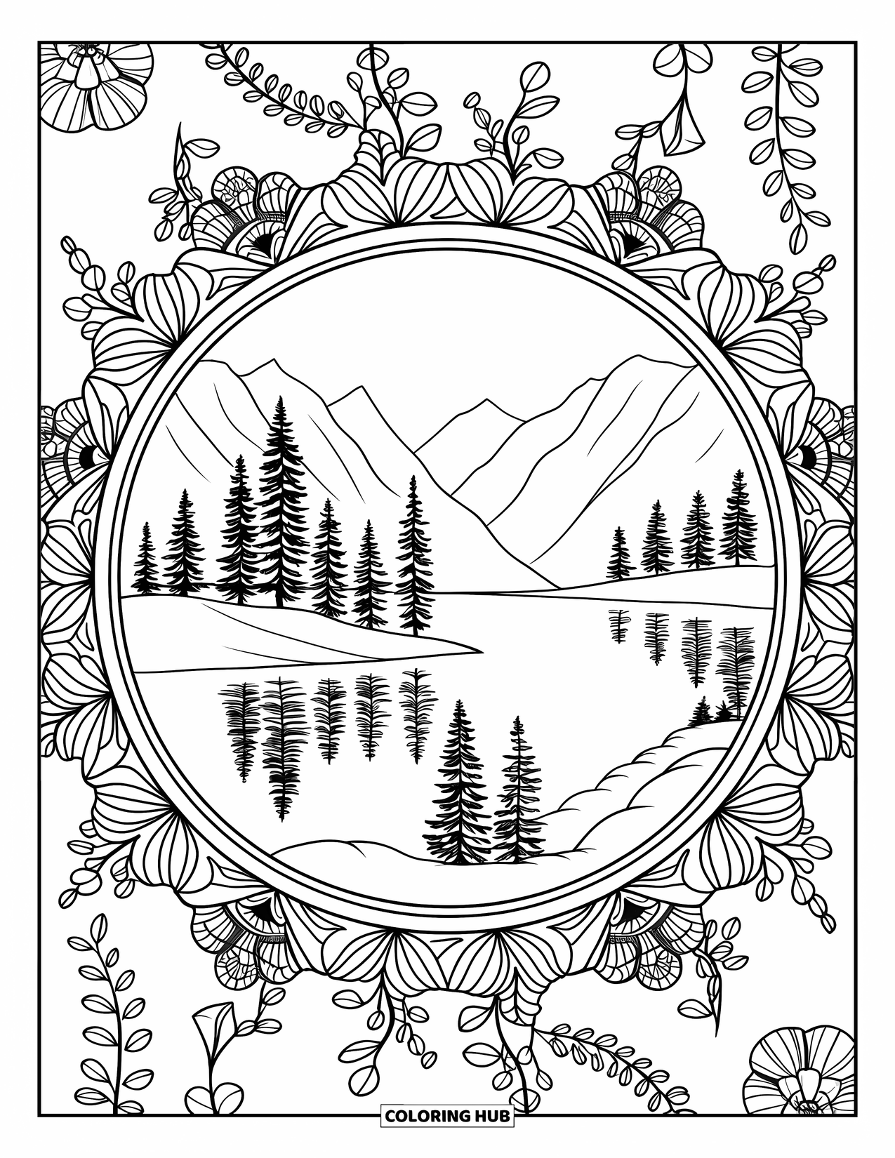 Outdoor Coloring Page for Adults: A still lake mirrors the trees, surrounded by a nature-themed mandala