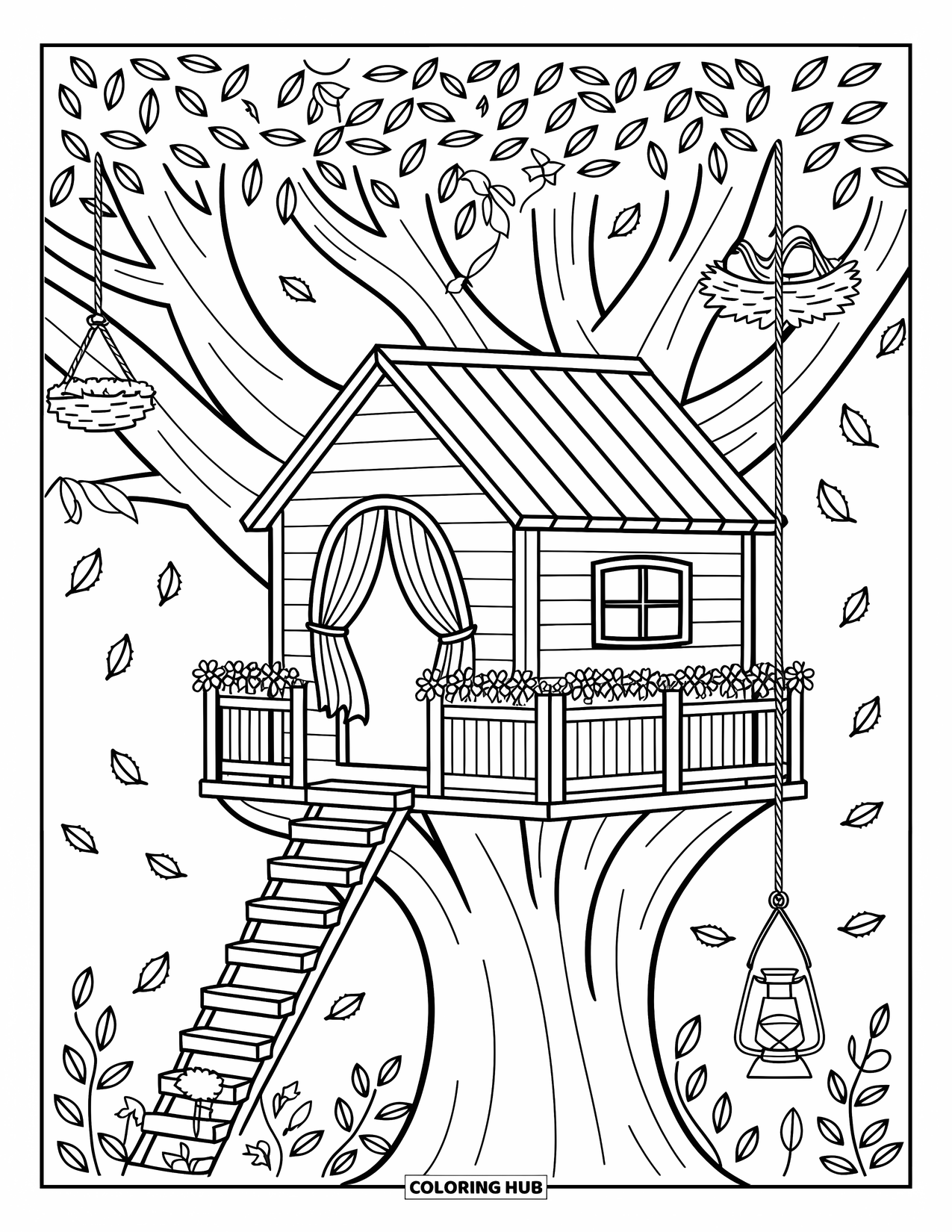 Outdoor Coloring Page for Adults: A sweet treehouse with bird nests, a lantern, and leaves swirling around the balcony