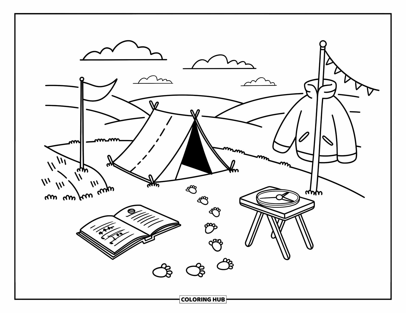 Outdoor Coloring Page for Adults: A tent near rocky cliffs rests with a logbook, compass, and a drifting windbreaker