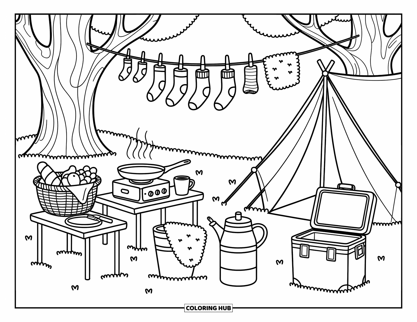 Outdoor Coloring Page for Adults: A tidy little camp setup with snacks, gear, and a breezy clothesline