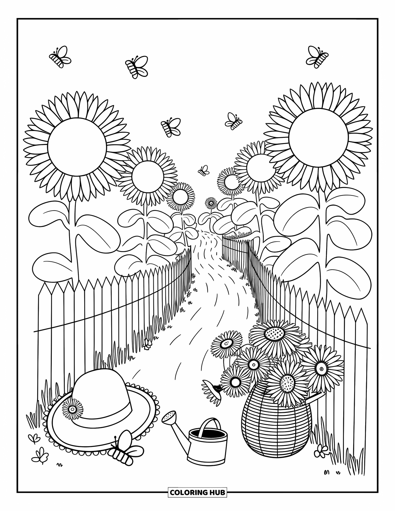 Outdoor Coloring Page for Adults: A treehouse sits in a big tree with curtains, nests, and a rope pulley