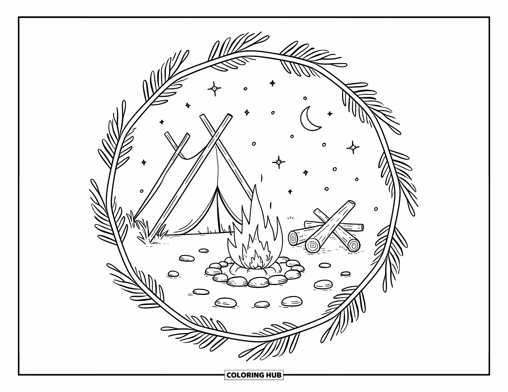 Outdoor Coloring Page for Adults: A warm campfire flickers beside a dome tent under the moon and stars