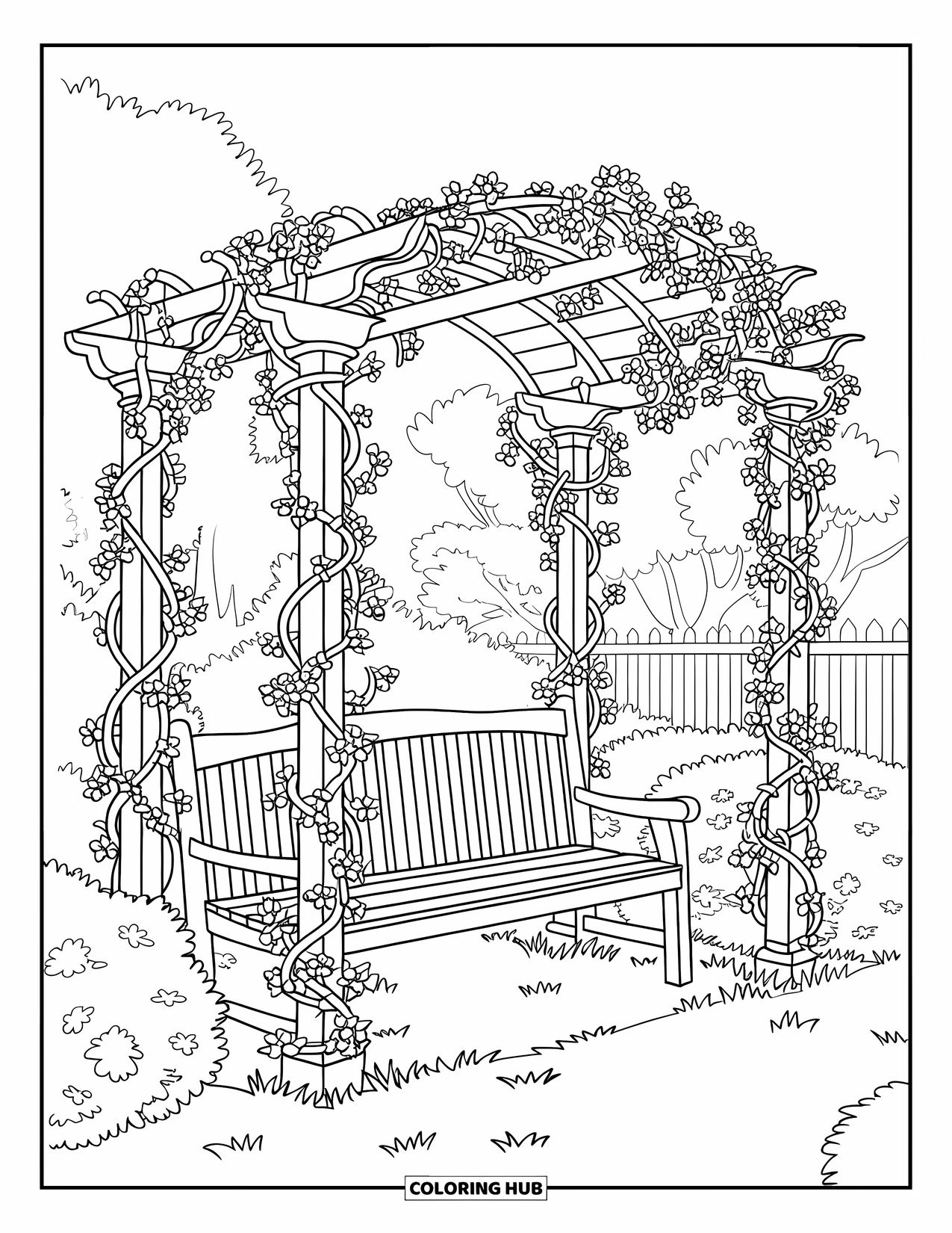 Outdoor Coloring Page for Adults: A wooden bench sits below a flower-wrapped arbor with trees in the background