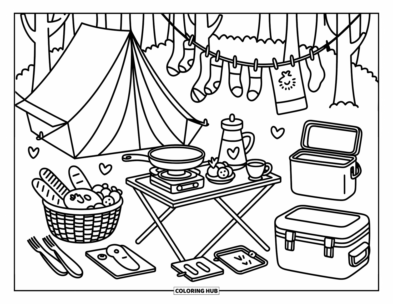 Outdoor Coloring Page for Adults: Camping gear and a cozy tent sit quietly in a forest clearing