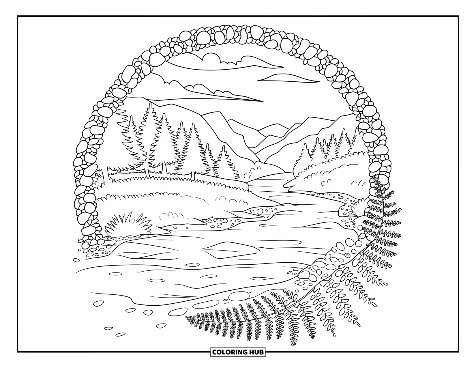 Outdoor Coloring Page for Adults: Tall trees surround a smooth river within a fern-and-pebble mandala design