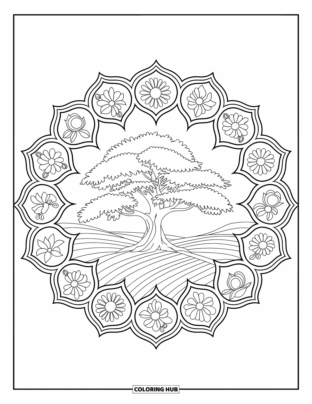 Outdoor Coloring Page for Adults: The wide branches of an oak stretch above a ring of floral mandala shapes