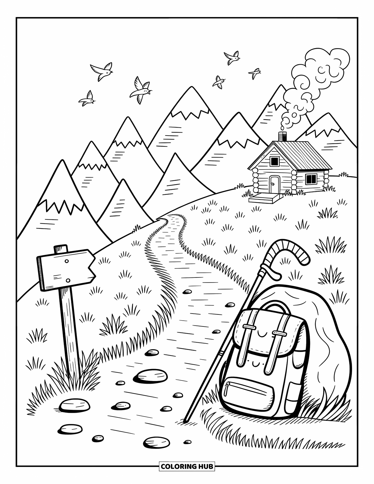 Outdoor Coloring Page for Adults: Tiny gear and wildflowers line a quiet path toward a peaceful cabin view